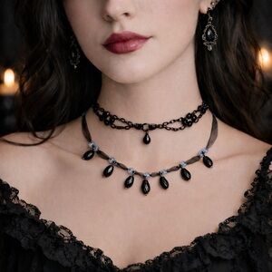 Black Onyx Smoky Amethyst Layered Choker Necklace Set Gothic Romantic Gunmetal